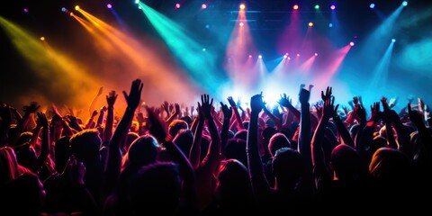 Crowd on a concert with hands raised, colorful light beams - obrazy, fototapety, plakaty