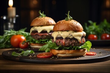An artisanal burger creation featuring exotic ingredients like truffle-infused aioli and heirloom tomatoes, emphasizing the delicate presentation and premium quality, placed on an elegant wooden table