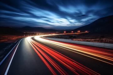 Long exposure of a highway at night with light trails of cars driving past