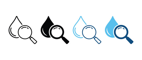 Water Research Silhouette and Line Icon Set. Magnifying Glass with Drop Water Black and Color Pictogram. Laboratory Test. Liquid Quality Analysis Sign Collection. Isolated Vector Illustration. - obrazy, fototapety, plakaty