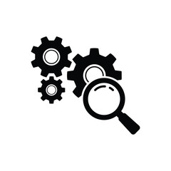 Magnifying Glass with Gears. Service of Search and Control. Loupe with Cogwheel Black Icon. Maintenance of Factory Mechanism. Isolated Vector Illustration.