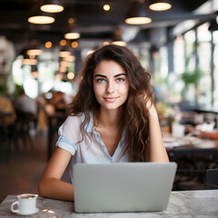 Portrait of a young woman working on her laptop at a cafe, depicting the concept of working remotely