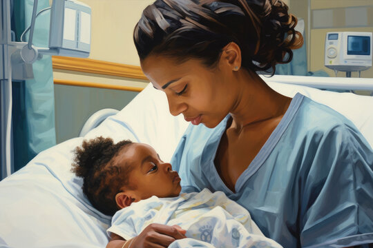 The profound bond between a recently delivered mother from Caribbean descent and her cute newborn with a photo capturing their serene connection in the hospital's postpartum room