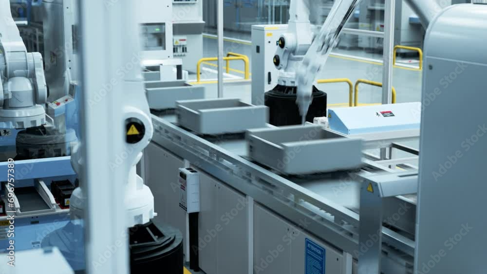 Fototapete Time-Lapse Close Up Footage with Electronics Factory 3D Concept. Automated Robot Arm Assembly Line Manufacturing Advanced High-Tech Components. Industrial Production Conveyor Line