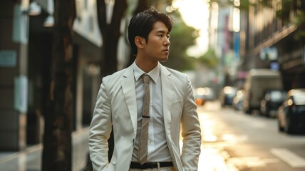Fototapeta premium Urban Japanese Professional in Ivory Suit Contemplating the Cityscape. Generative AI.