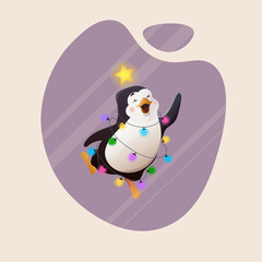 Cute penguin with star and garland. Vector illustration in cartoon style. Design element for advertising, posters, prints for clothing, banners, covers, children's products, websites, social networks