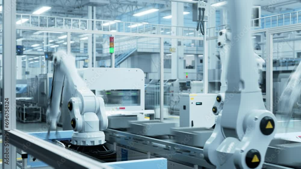 Poster Advanced Robot Arm Conveyor Line Manufacturing Electronics Enclosure Boxes. Programmable Artificial Intelligence Assembly Line Building High-Tech Products for Information Technology Industry 