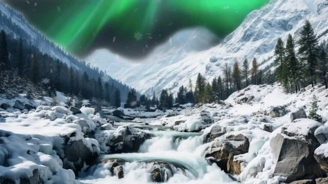Winter nature scene at a waterfall with snowy mountains and aurora lights. seamless looping  time-lapse virtual video animation background. Generative AI