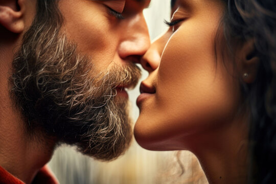 A captivating photograph of a woman's natural lips meeting a man's beard in a gentle kiss, highlighting the texture and contrast of their individual features