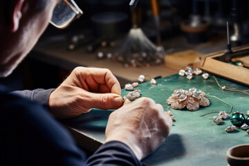 Hands of a jewelry maker delicately crafting a piece of handmade jewelry, showcasing the precision and creativity in the art of jewelry design