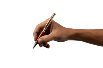 Closeup of male hand holding pen and writing or signing isolated