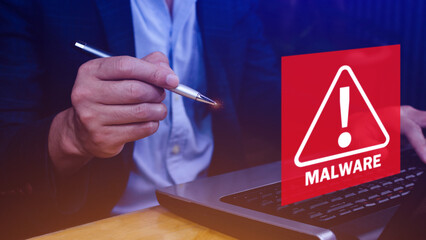 System hacked warning alert on Laptop, Cyber attack on computer network, Virus, Spyware, Malware or...