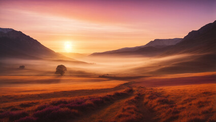 Fototapeta na wymiar Sunrise on the mountains valley