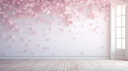 Blossoming Elegance: Cherry Blossoms Drifting in a Modern Room
 - obrazy, fototapety, plakaty