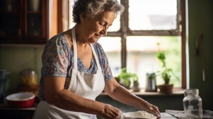 Senior woman preparing dough for fresh pasta or pizza, close up. Portrait of Italian lady cooking in bright house kitchen.