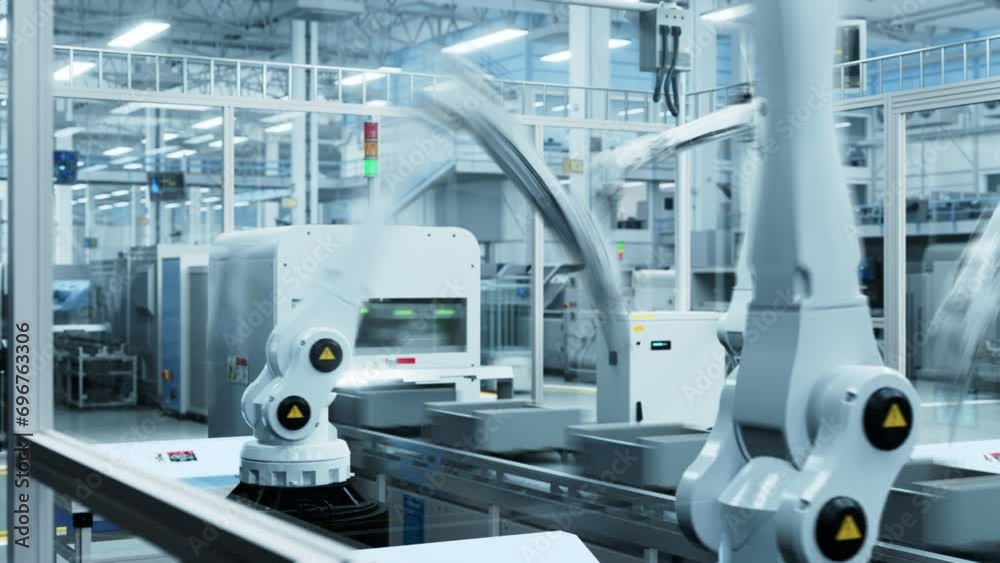 Poster electronic components manufacturing facility: automated robotic arm assembly line producing advanced