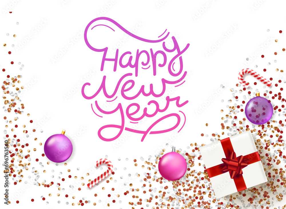 Poster happy new year concept. gift box with red bow and color glass baubles with confetti. 3d vector flat 