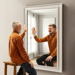 Senior smiling man looking in mirror on reflection of his younger self. Conceptual collage. Past...