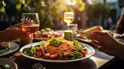 Couple enjoying food in an Italian street restaurant on the sunset. Close up photo of people's...