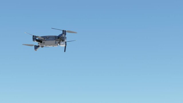 Drone white color flying with blue sky animation. move away from the camera 3D Render.