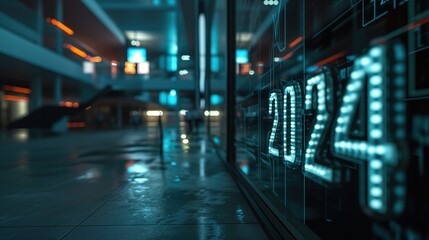 2024 neon new years sign on wall, gritty and grungy style with cyberpunk neon colours on sign
