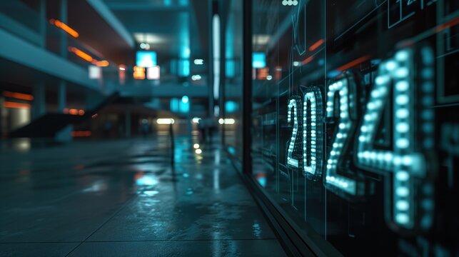 2024 neon new years sign on wall, gritty and grungy style with cyberpunk neon colours on sign