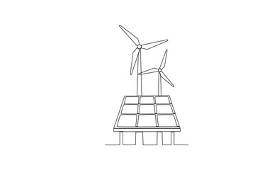 Single continuous line drawing of Renewable energy windmills and solar panels. Energy industrial Modern single line draw design vector graphic illustration
