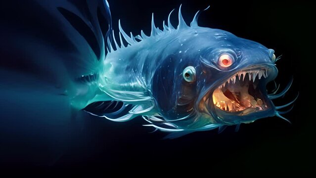 A stunning closeup of a bioluminescent anglerfish, with its elongated glowing lure dangling in front of its sharp teeth as it waits for prey in the deep sea.