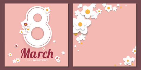 Paper cut floral greeting cards set for 8 March and Women's Day. A frame with white spring blossom and big eight number on pale pink background. Vector illustration.