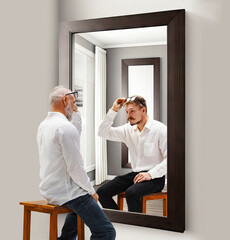 Revealing past memories. Senior man looking in mirror at his younger reflection. Through ages....