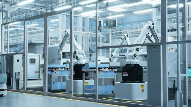 Electronics Components Manufacture: Automated Robotic Arm Assembly Line in Futuristic Facility with Mobility Robots Producing Advanced High-Tech Sustainable Parts for Information Technology Business