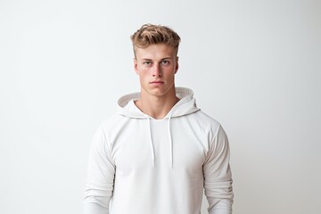 Fototapeta premium A confident and stylish young man in a white hoodie against a studio background.
