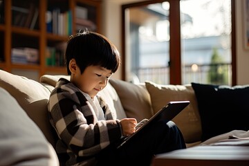 A young Asian boy using a tablet for education and entertainment, sitting on a sofa at home. - obrazy, fototapety, plakaty