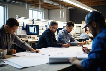 In an architectural bureau, a diverse business team collaborates on a blueprint, emphasizing teamwork, creativity, and effective communication.