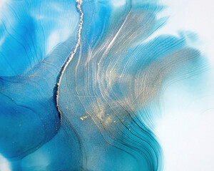 Blue and turquoise hand painted abstract backgrounds with gold flecks, textures alcohol ink art - 696767129