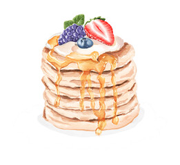 Pancakes Strawberry, Blueberry And Berry with cream And Honey transparent background, Sweet Dessert. Breakfast.
