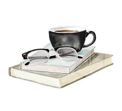 The coffee and glasses are placed on two books in a transparent watercolor background