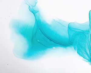 Cyan blue liquid watercolor background. Teal turquoise marble alcohol ink drawing effect. - 696767749