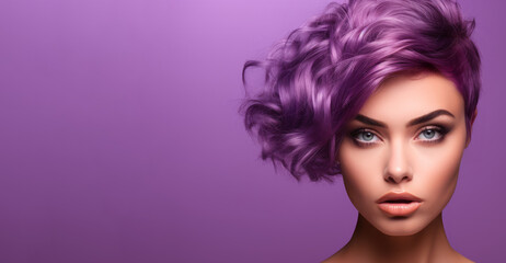 Naklejka premium A beautiful model in with purple hair and elegant makeup, in the style of shimmering, luminous palette, salon. Isolated studio background. Hair styling