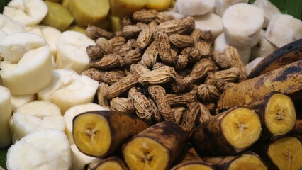 Polo pendem is Javanese traditional food including cassava, sweet potatoes, peanuts, ose, banana with red white ribbon flag. Usually used for Indonesia indpendence day celebration