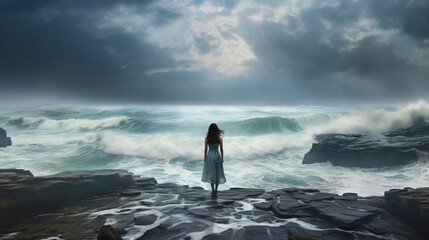 Woman standing in front of the ocean - Powered by Adobe