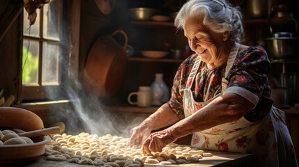 Italian senior woman with gray hair making homemade pasta, gnocchi on wooden table. Satisfied grandma preparing dinner for the her big family.