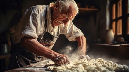 Senior italian whiskered man making homemade pasta on old wooden table in sunny morning in country house. - obrazy, fototapety, plakaty