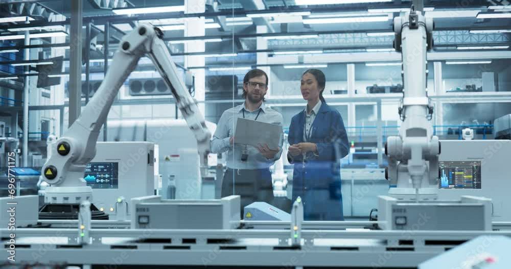 Fototapete Young Engineer and Asian Technician Having a Conversation and Using a Laptop Computer. Specialists Monitoring, Analyzing Conditions at a Modern Electronics Factory with Automated Assembly Line
