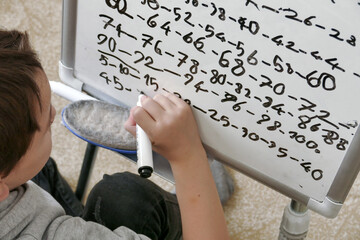 erasable board and pen on which writing and mathematical operations are written,