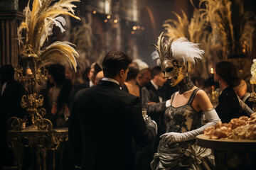 Venetian masquerade party ball with people dancing