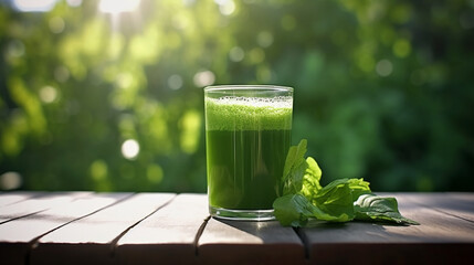 Green vegetable juice on rustic wood table, Juice, Drink, Smoothie, Green Color. AI Generative - obrazy, fototapety, plakaty