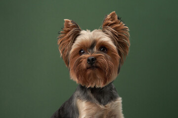 Yorkshire Terrier dog against a studio green, epitome of elegance. Its polished look and alert...