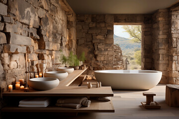 Rustic luxury bathroom with bathtub and double sink with mountain views - obrazy, fototapety, plakaty
