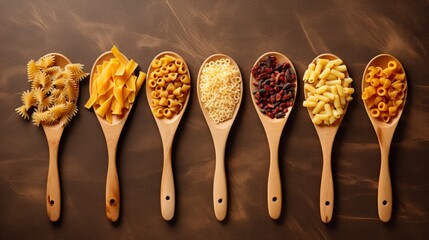 Wooden cooking spoons filled with various types raw pasta on dark background. Horizontal, top view. - Powered by Adobe